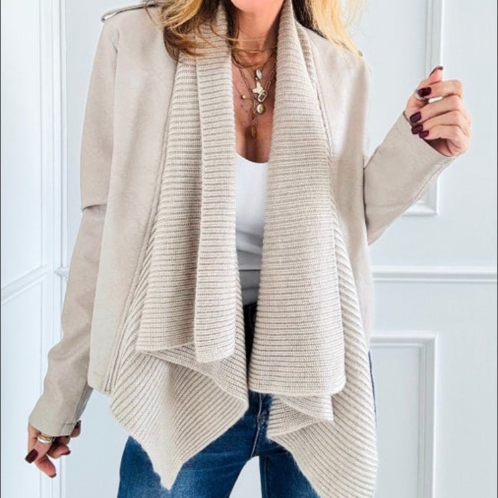 Waterfall faux leather and knit combo jacket